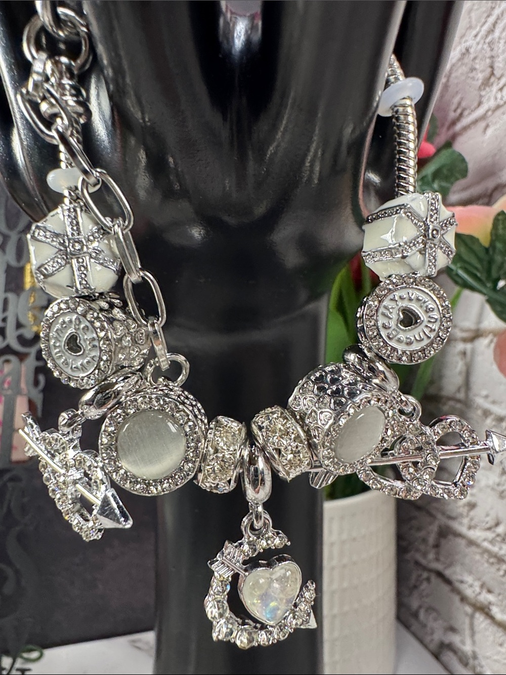 Silver & White Heart Charm Bracelet - Women's Jewelry